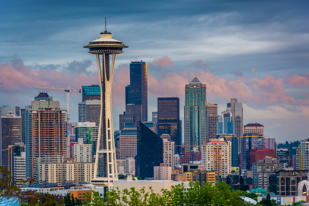 Sunset view of the Seattle skyline from Kerry Park, in Seattle, Washington.